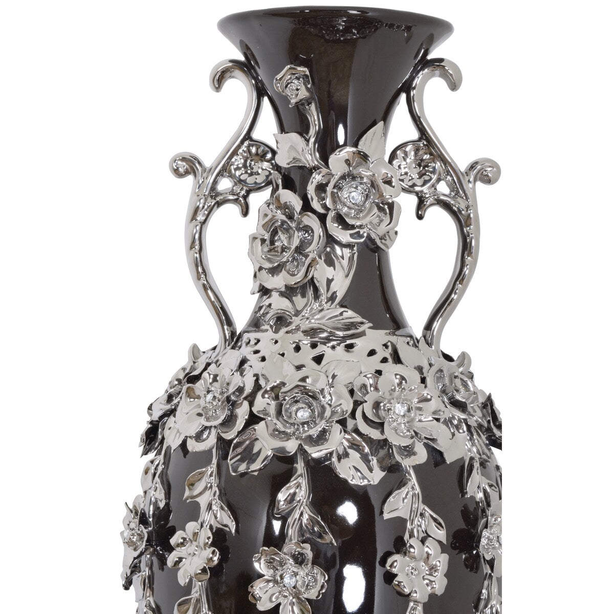Black and Silver Floret Jeweled Stunning Vase 35 Inches Tall