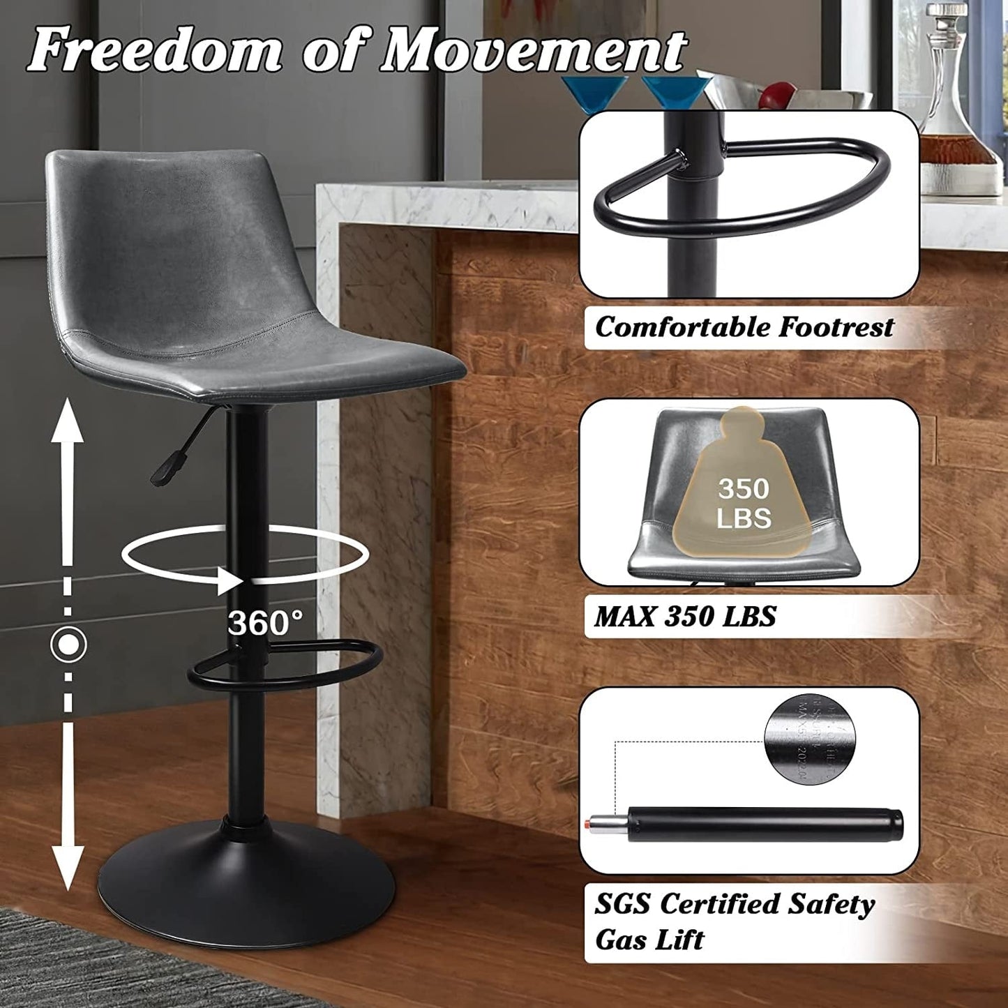 Bossin Adjustable Swivel Bar Stools with Backs – Counter Height