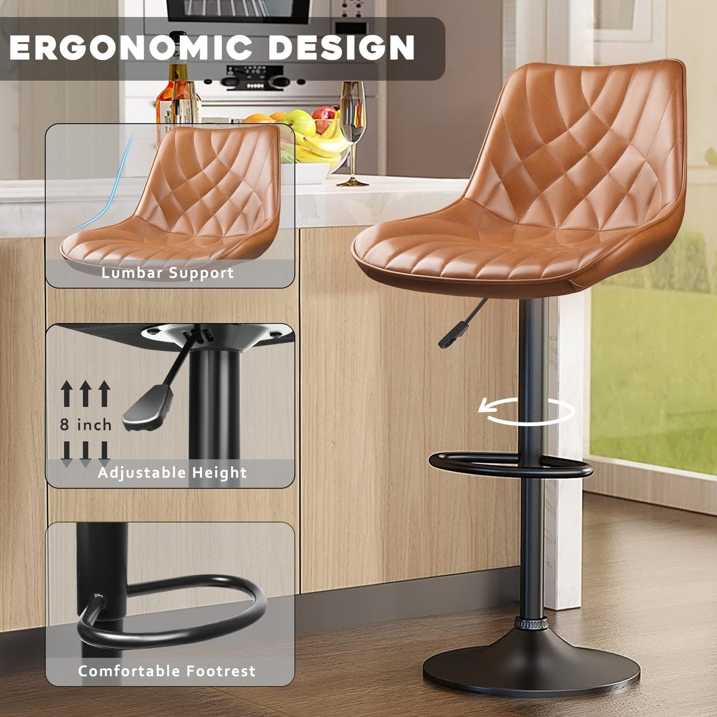 Bossin Adjustable Swivel Bar Stools with Backs – Counter Height