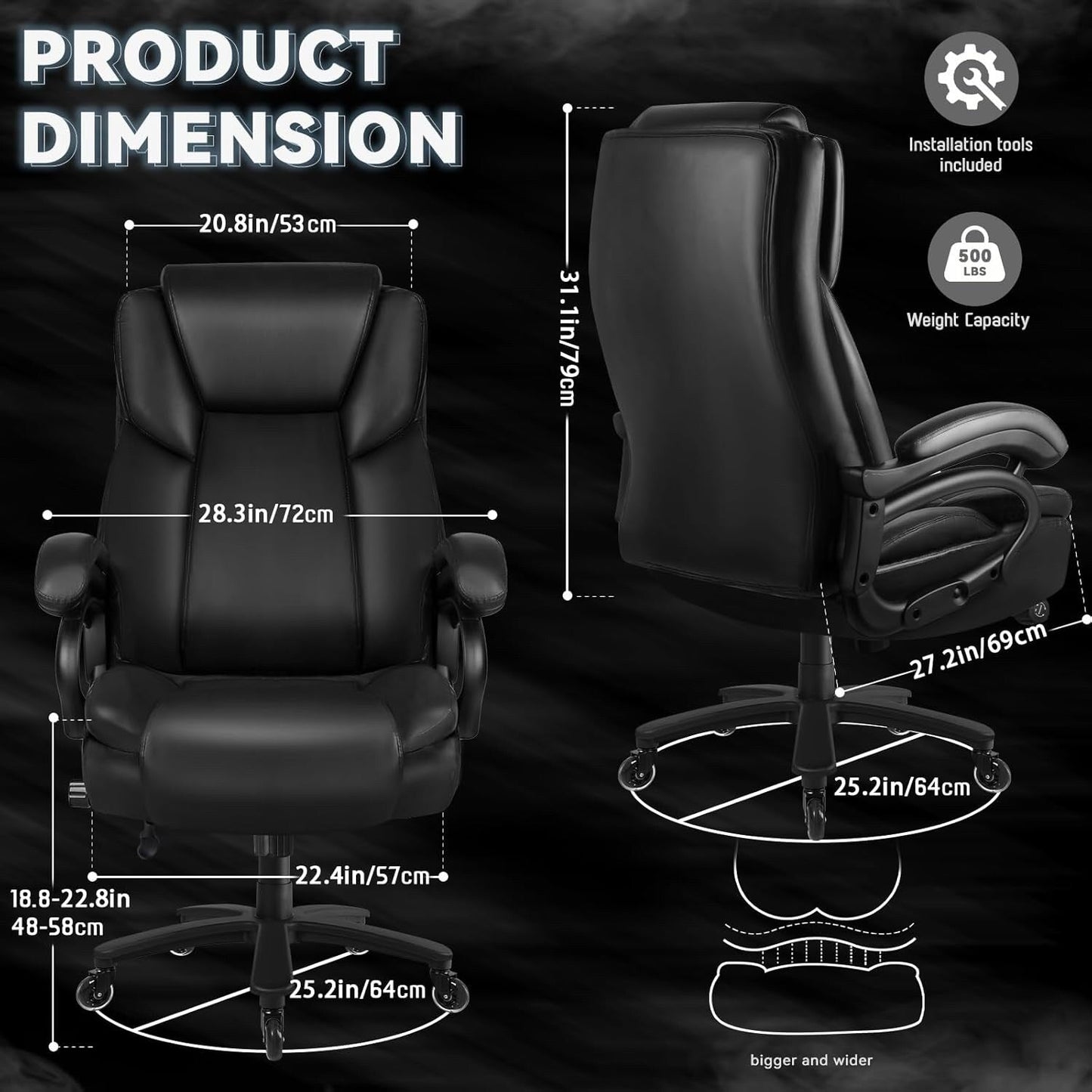 Bossin Big and Tall Executive Office Chair,500LBS Adjustable Lumbar Support Ergonomic Chair with High Back PU Leather Computer