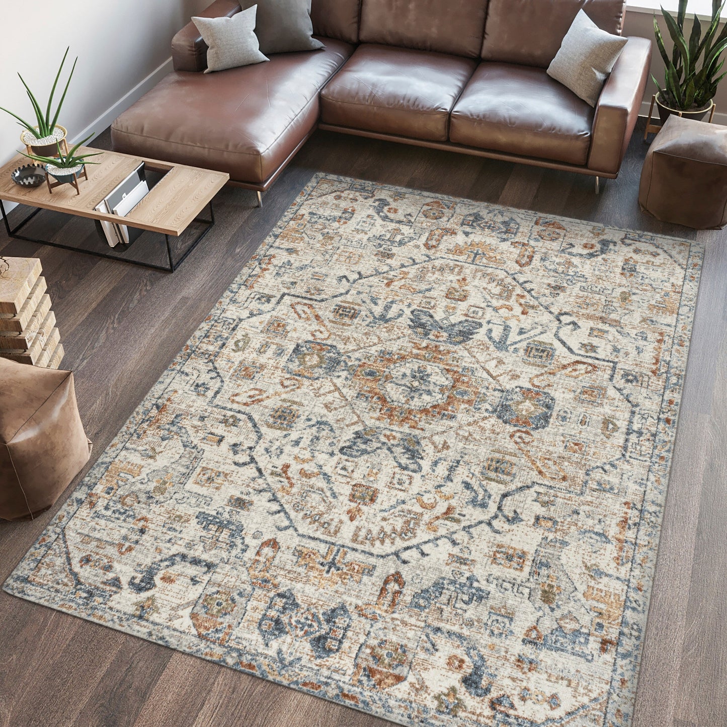 JONATHAN Y Brandy Bohemian Medallion Low-Pile Machine-Washable Cream/Terra Area Rug