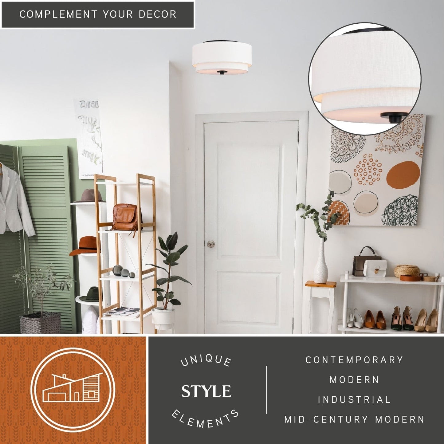 Burnaby Mid-Century Modern Ceiling Mount Light White Linen Drum Shade