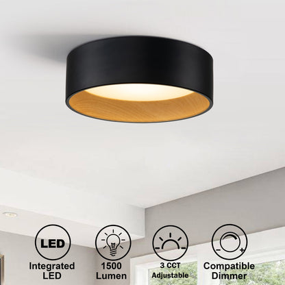 C Cattleya Black and Woodgrain 3CCT Integrated LED Flush Mount Ceiling Light