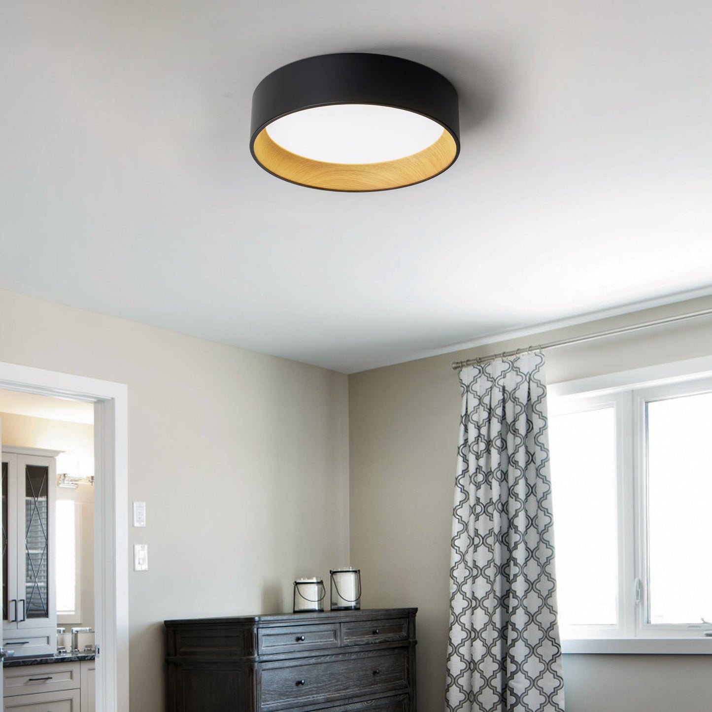 C Cattleya Black and Woodgrain 3CCT Integrated LED Flush Mount Ceiling Light