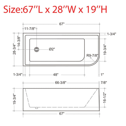 CB HOME 59''/67'' Freestanding Acrylic Soaking Bathtubs, Soaking Tubs Single Side Against The Wall, Left/Right Overflow