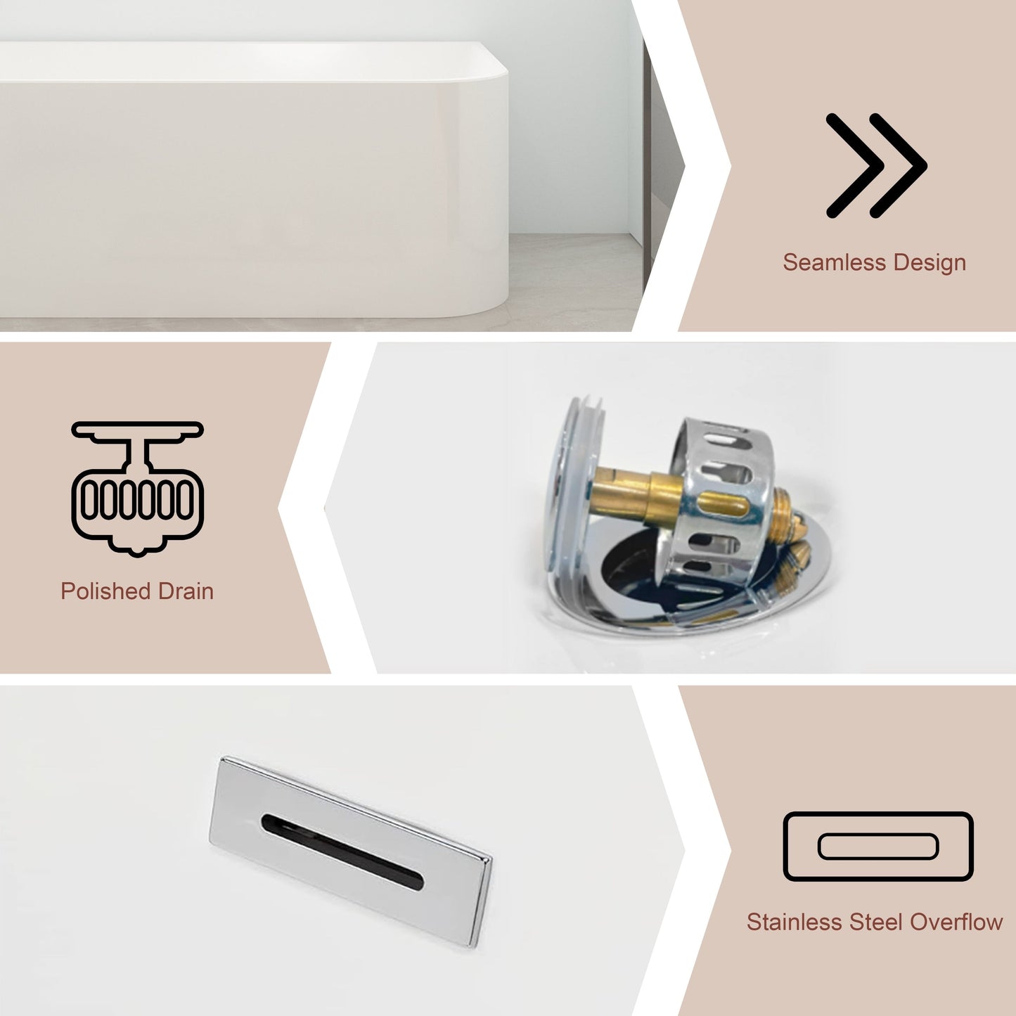 CB HOME 59''/67'' Freestanding Acrylic Soaking Bathtubs, Soaking Tubs Single Side Against The Wall, Left/Right Overflow