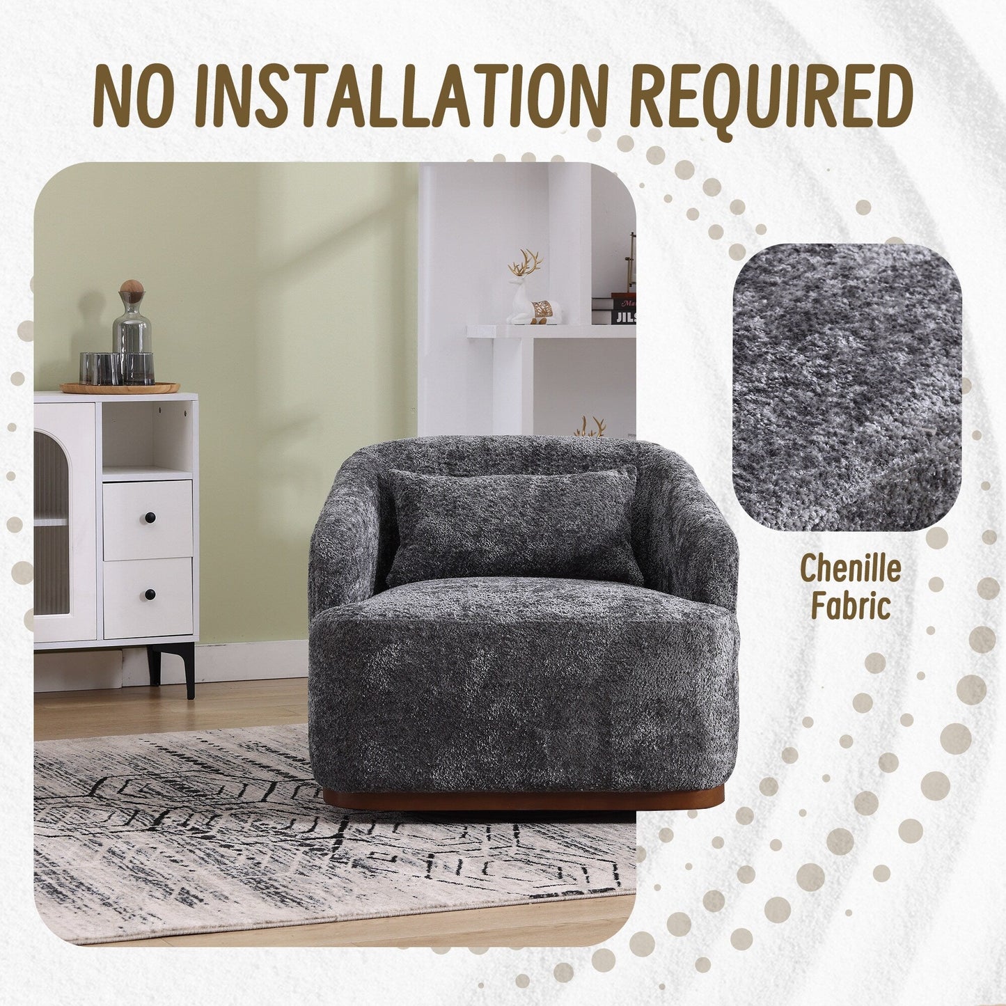 Chenille Swivel Barrel Chair, 360-Degree Comfy Accent Sofa for Living Room, Bedroom, and Study with Removable Cushion