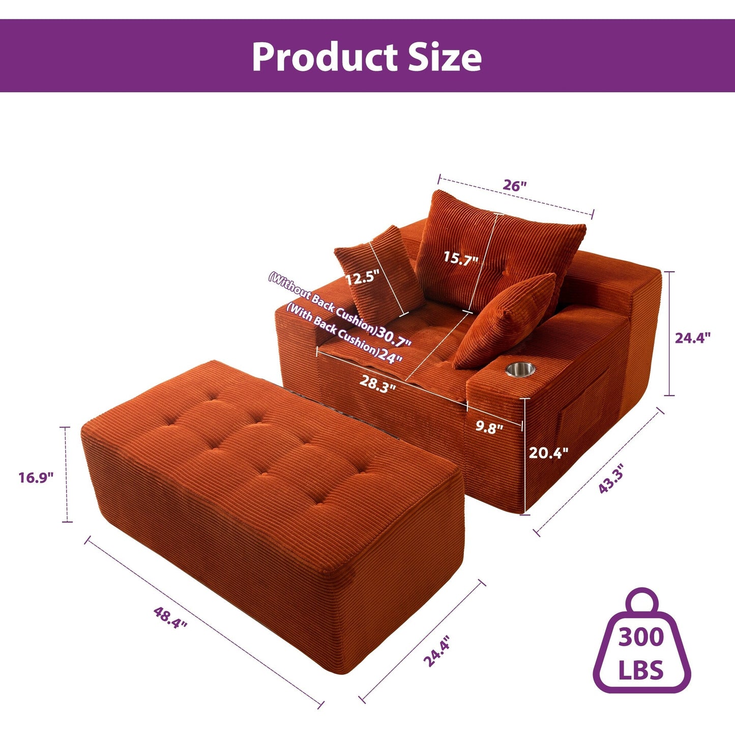 Corduroy Upholstered Memory Foam Sofa With Ottoman Upholstered Bean Bag Couch - 48.4Lx67.7Wx24.4H