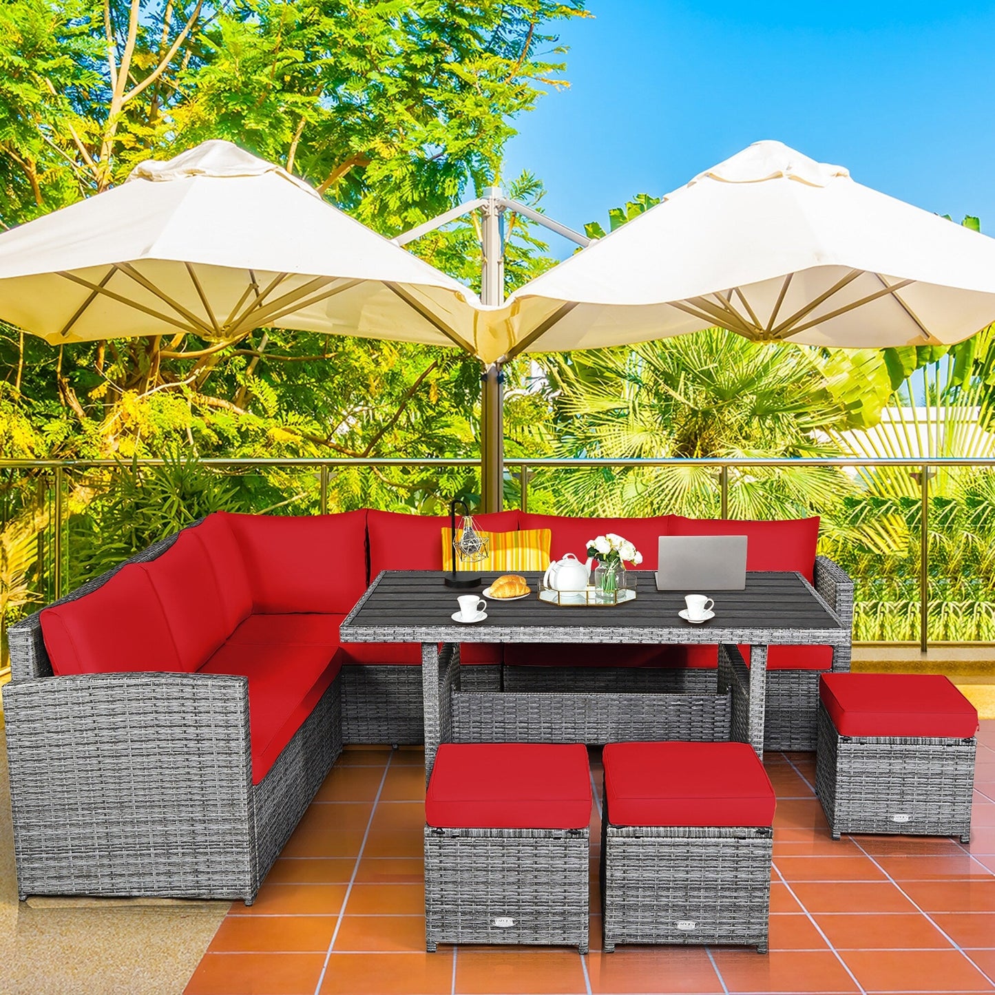 Costway 7 PCS Patio Rattan Dining Set Sectional Sofa Couch Ottoman - See Details