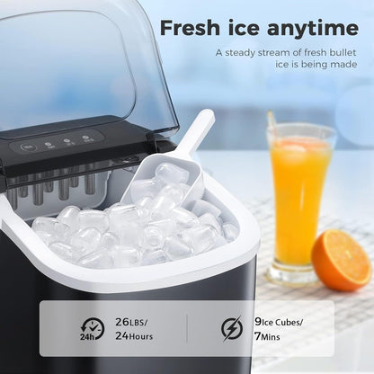 Countertop Portable Ice Maker with Self-cleaning ,9 Bullet Ice Cubes in 6 Mins, Comes with Ice Basket and Ice Scoop