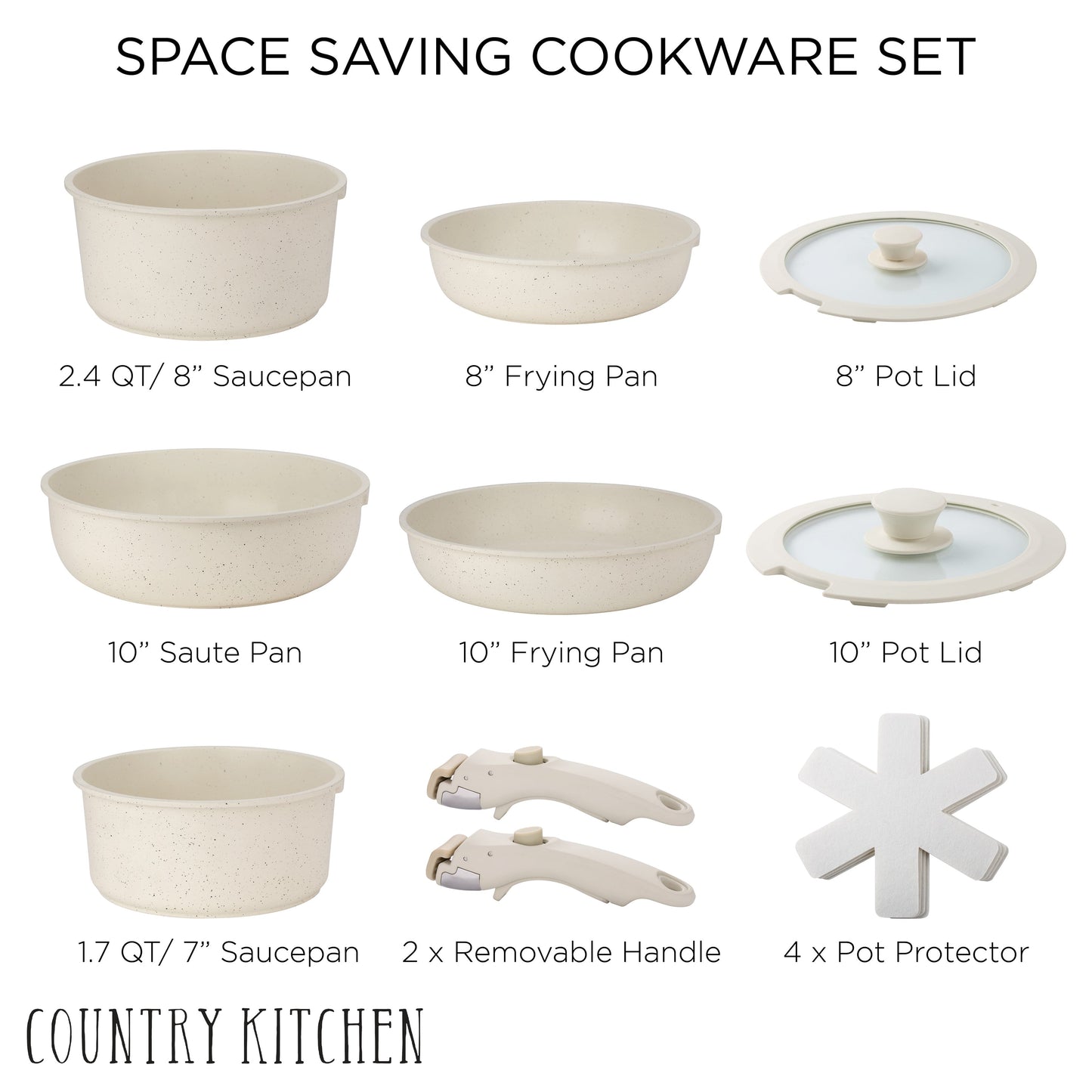 Country Kitchen RV Cookware- 13 Piece Aluminum Pots and Pans with Removable Handle Oven Safe