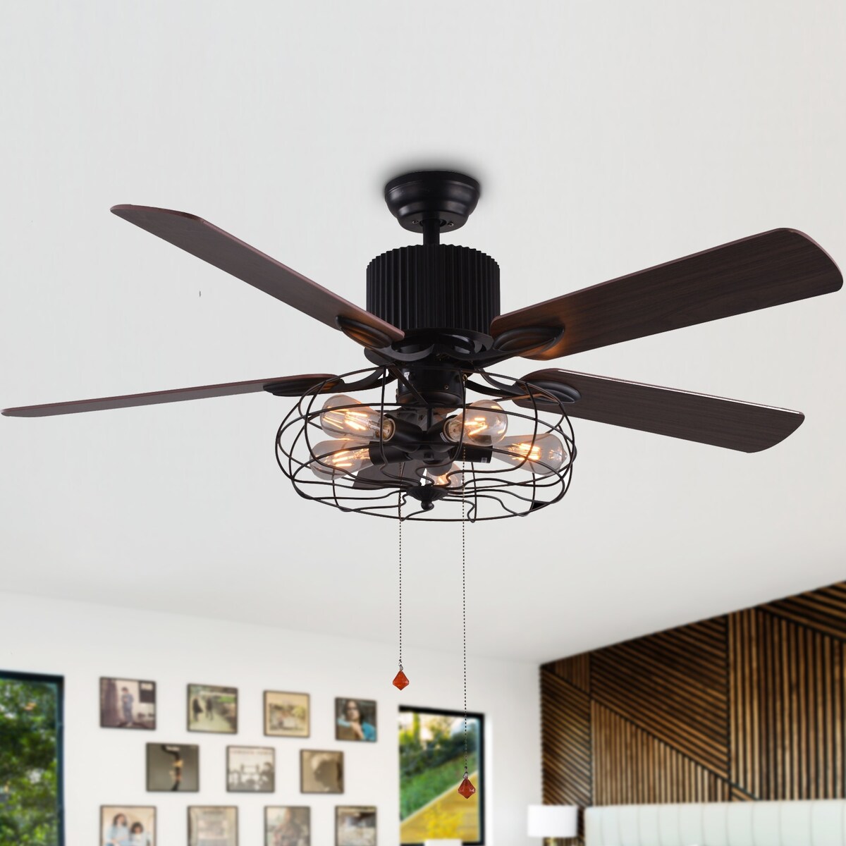 CurveCurio Farmhouse Industrial 5-Light Black Cage Ceiling Fan with Light, Remote Control and Pull Chain 42-48-52 inches