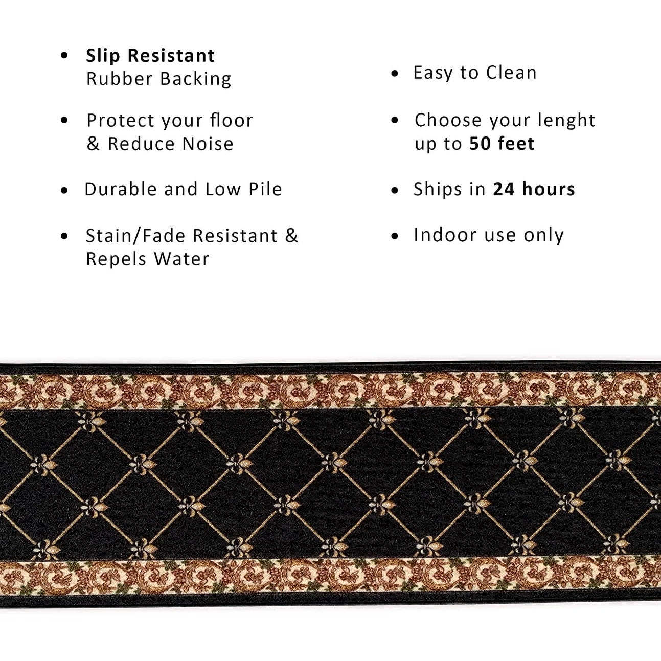 Custom Size Fleur De Lis 26 Inch Wide Non-Slip Stair Runner Rug