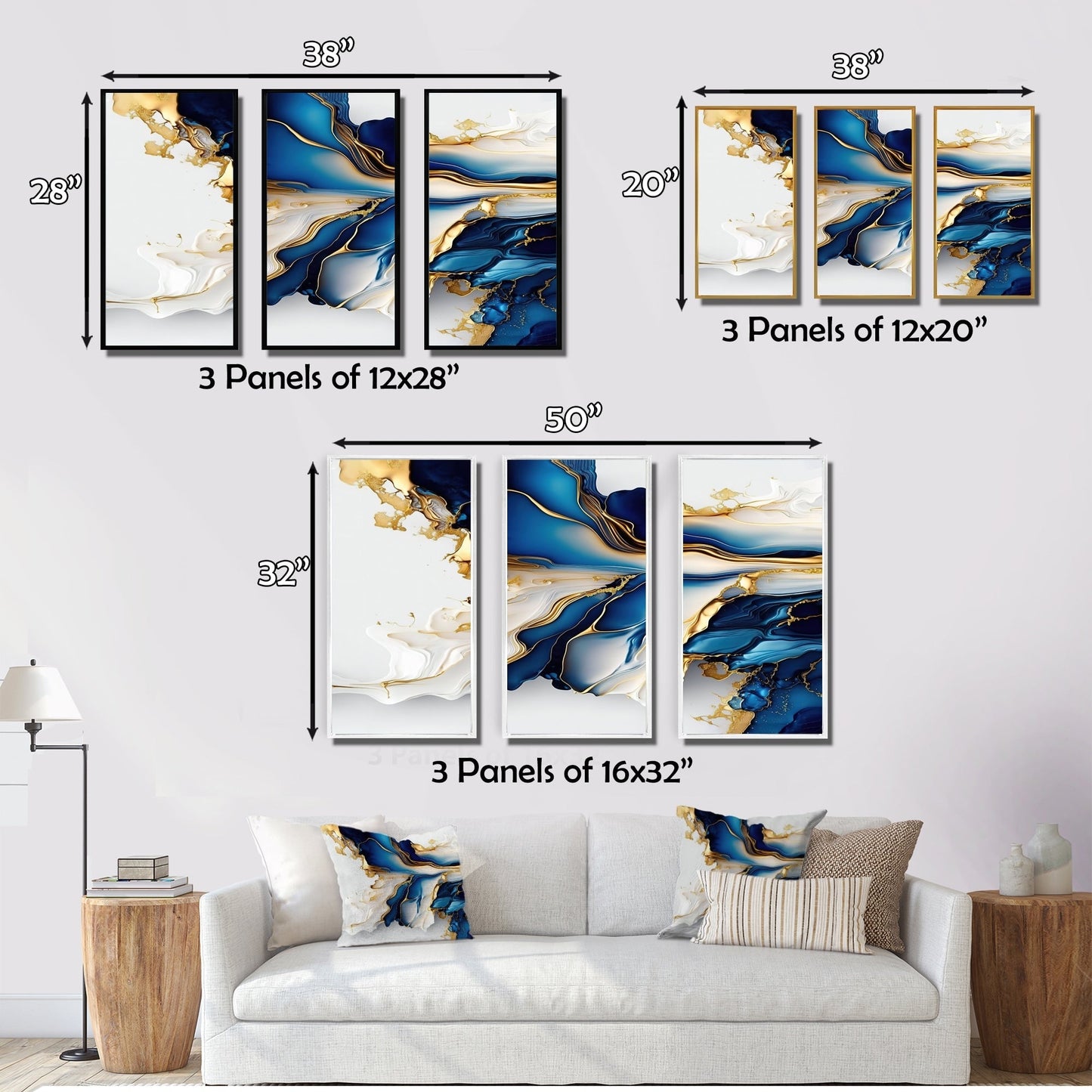 Designart Abstract Geode Gold And Blue Marble Shape III Modern Geometric Framed Canvas Art Print - 3 Panels