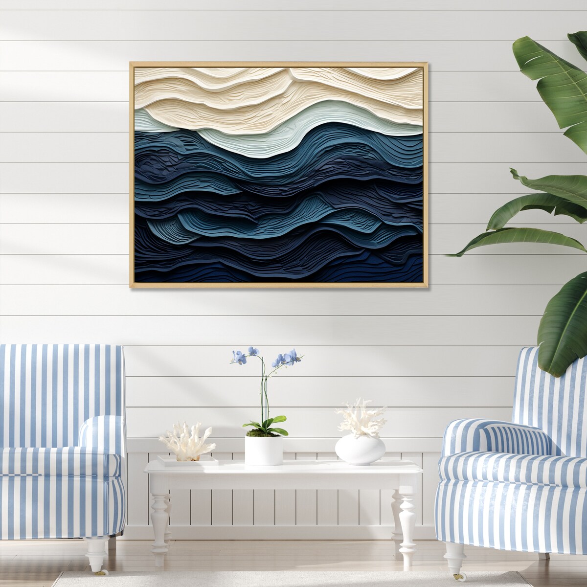 Designart Blue And White Coastal Wave S Edge Coastal Minimalism Blue Wall Decor Coastal Living Room Framed Canvas Art
