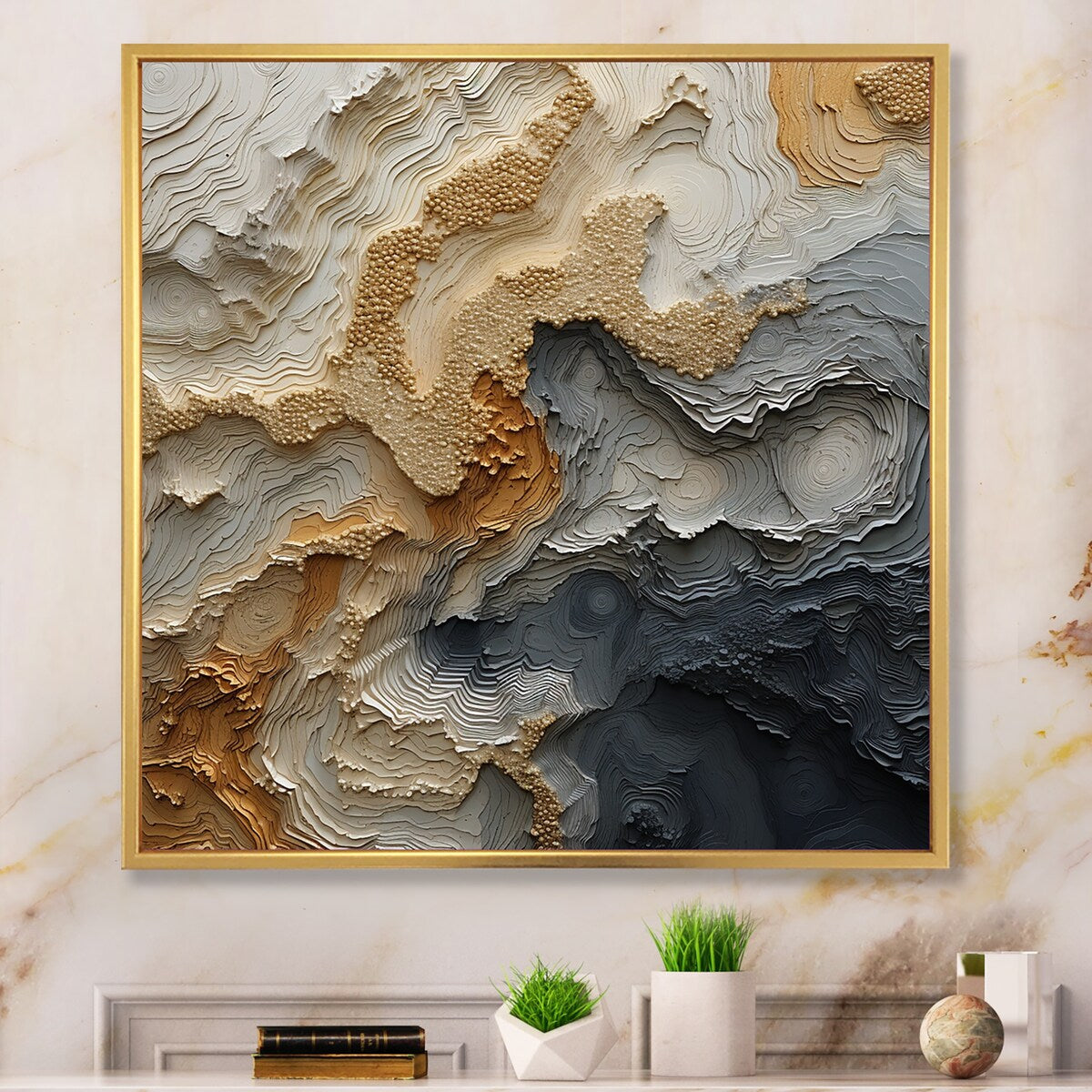 Designart Gold And Beige River Spiral Abstract Painting Framed Canvas Wall Art