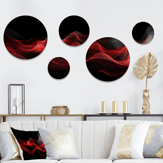 Designart Red Black Contemplative Abstraction IX Modern Waves Metal Round Wall Art Set Of 5