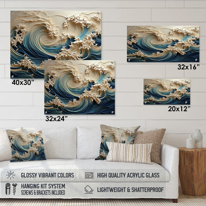 Designart White And Blue Wave Papercut Style III Coastal Waves Gloss Wall Decor - Coastal Acrylic Wall Art For Bedroom