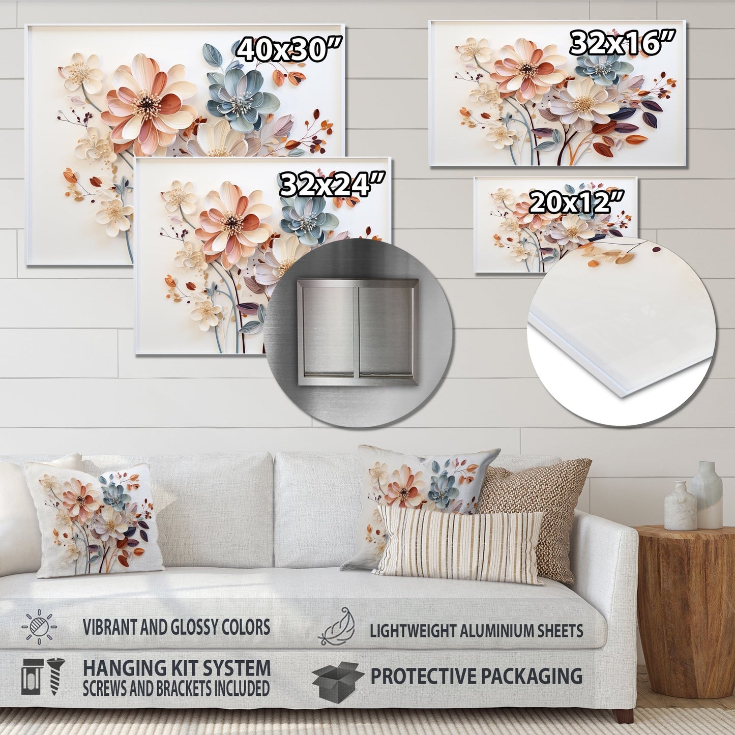 Designart White Botanical Collage Abstract Botanicals Metal Wall Art Living Room