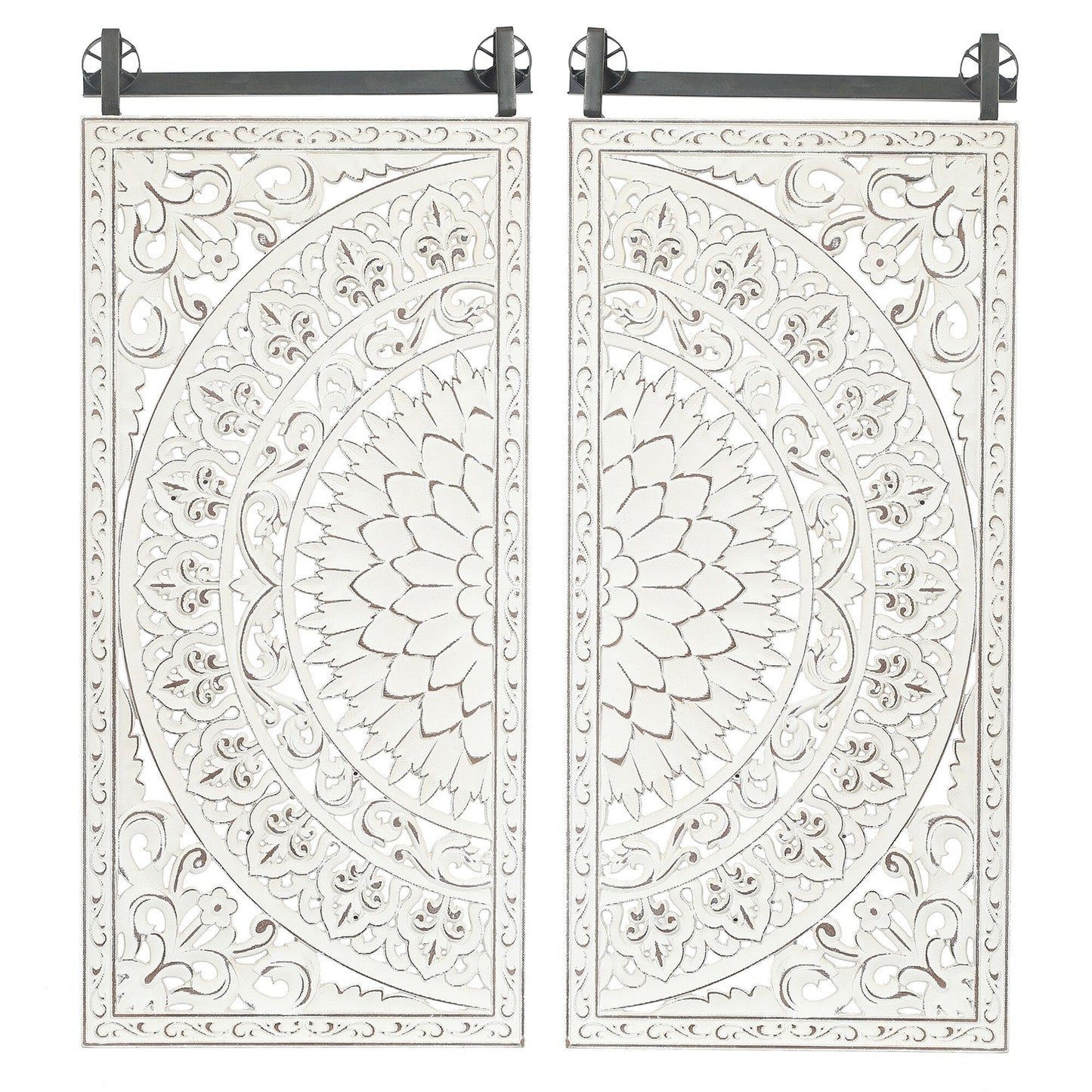 Distressed Ivory White Wood Flower Wall Art with Black Accents (Set of 2)