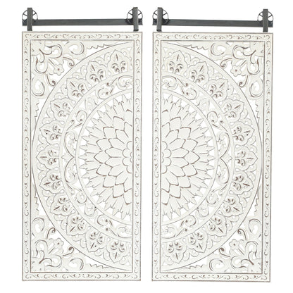 Distressed Ivory White Wood Flower Wall Art with Black Accents (Set of 2)