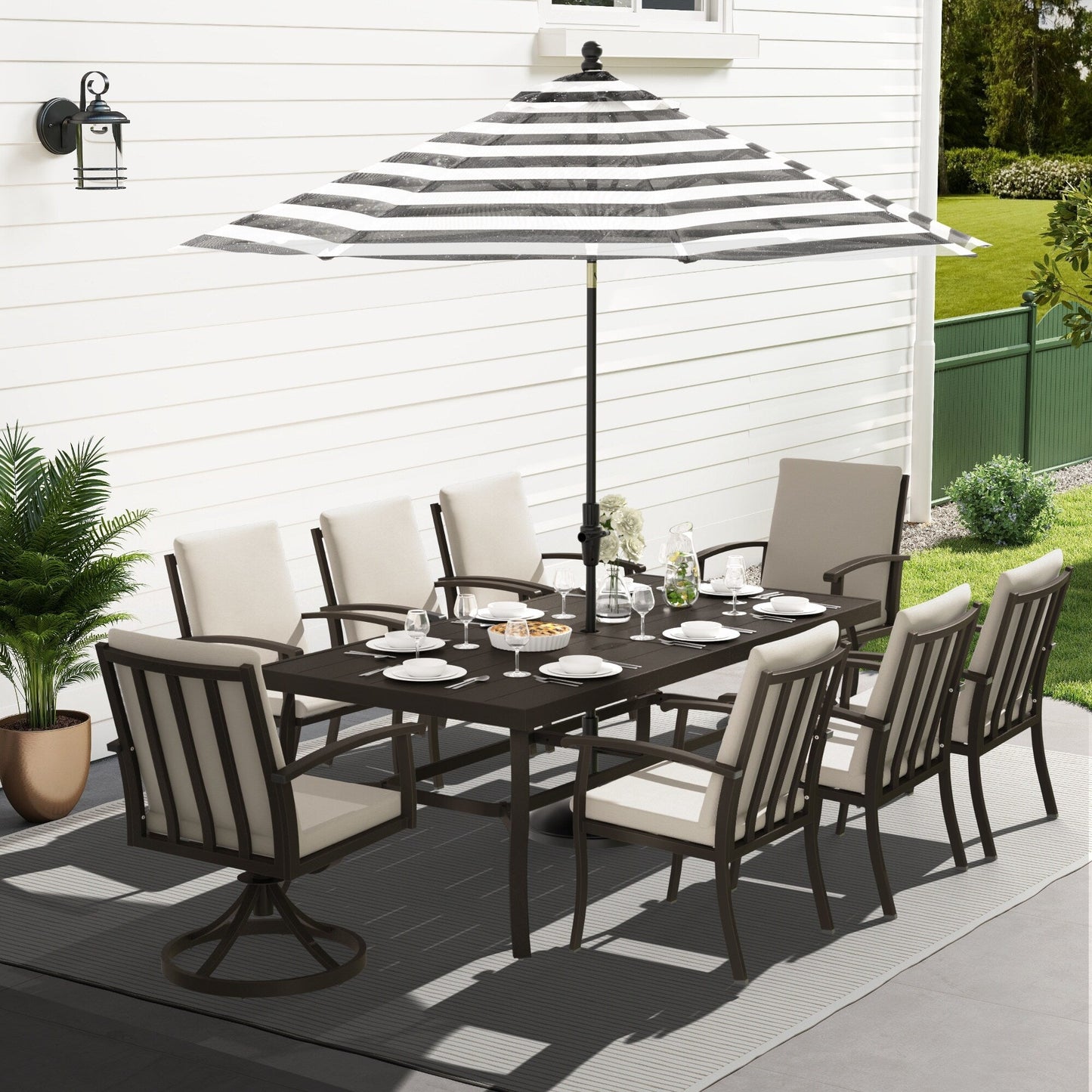 EGEIROS LIFE AluLux 9-Piece Aluminum Patio Dining Set with 2 Swivel Dining Chairs, 6 Dining Chairs and Washable Cushions