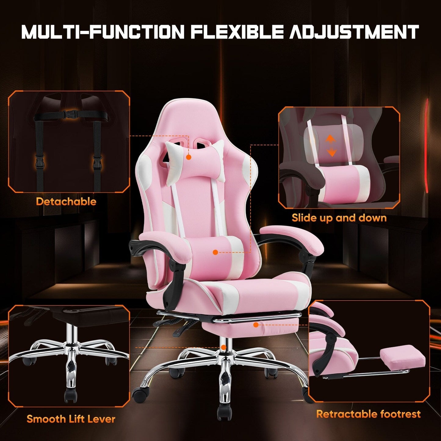 Ergonomic PU Leather 360° Swivel Gaming Recliner with Footrest, Headrest, Lumbar Support, Adjustable Height