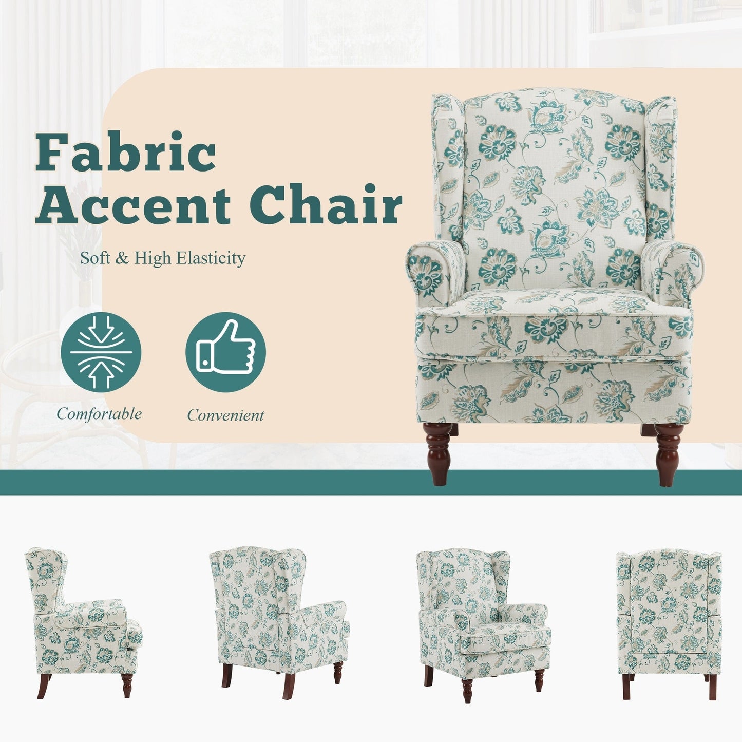 Erommy Modern Accent Chair, High Back Armchair, Upholstered Fabric Button Single Sofa with Wooden Legs for Living Room