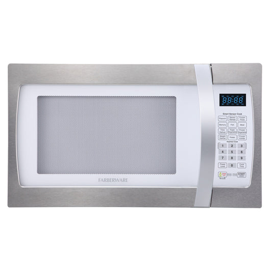 Farberware Professional 1.3 Cu. Ft. 1100-Watt Microwave Oven with Smart Sensor Cooking, White and Platinum