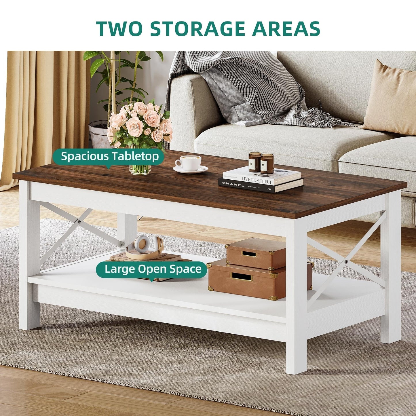 Farmhouse Coffee Table with Storage 2-Tier Center Table for Living Room