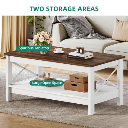Farmhouse Coffee Table with Storage 2-Tier Center Table for Living Room