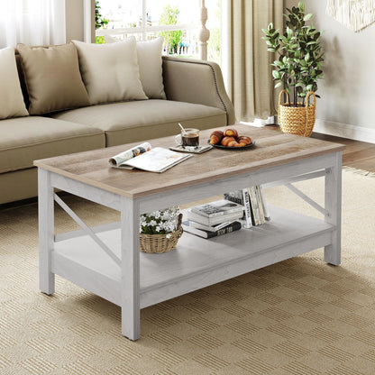 Farmhouse Coffee Table with Storage 2-Tier Center Table for Living Room