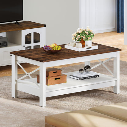 Farmhouse Coffee Table with Storage 2-Tier Center Table for Living Room