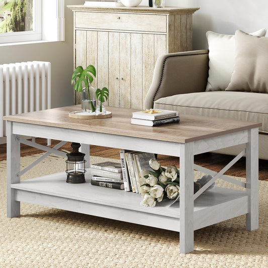 Farmhouse Coffee Table with Storage 2-Tier Center Table for Living Room
