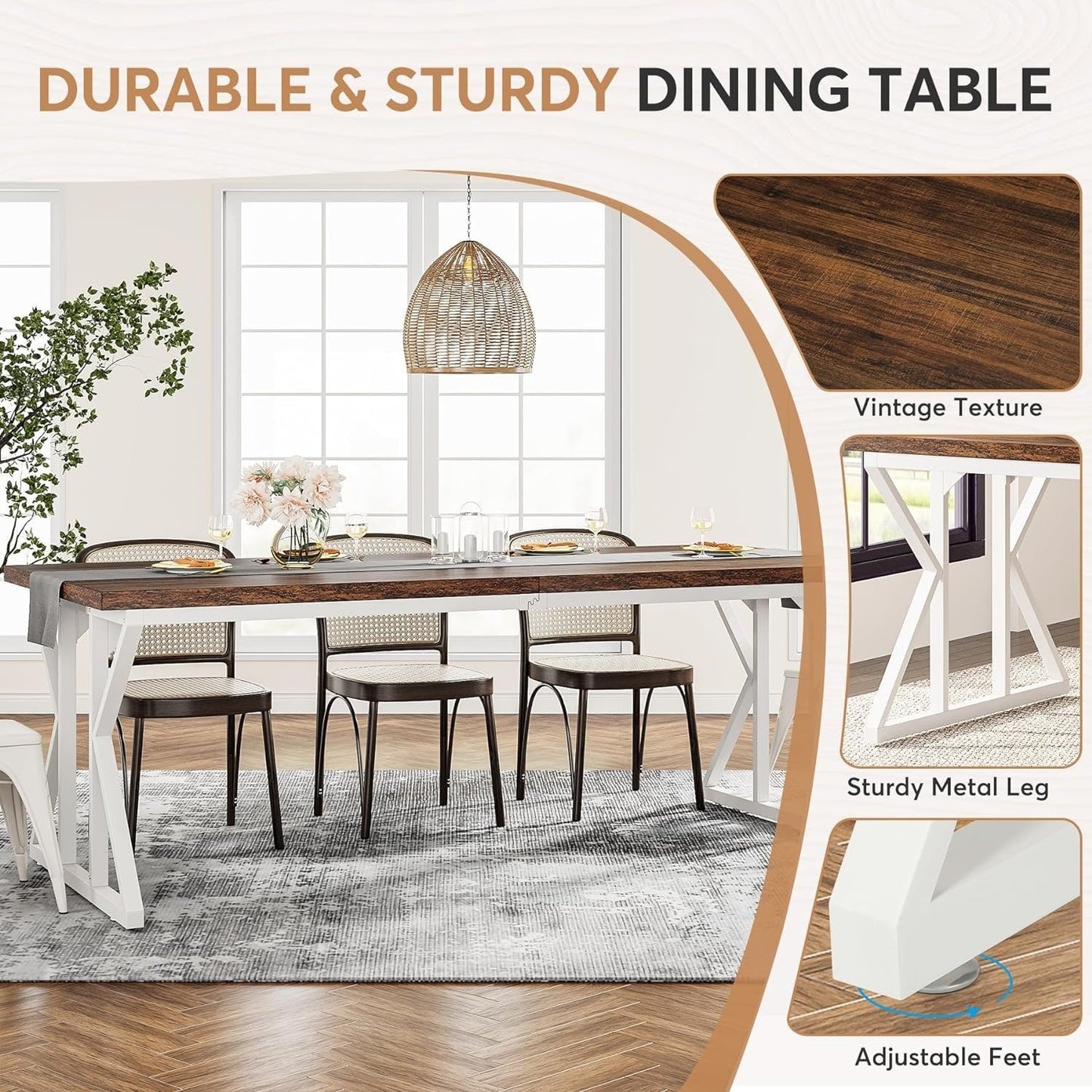 Farmhouse Dining Table for 6 People, 70.8-Inch Rectangular Wood Kitchen Table