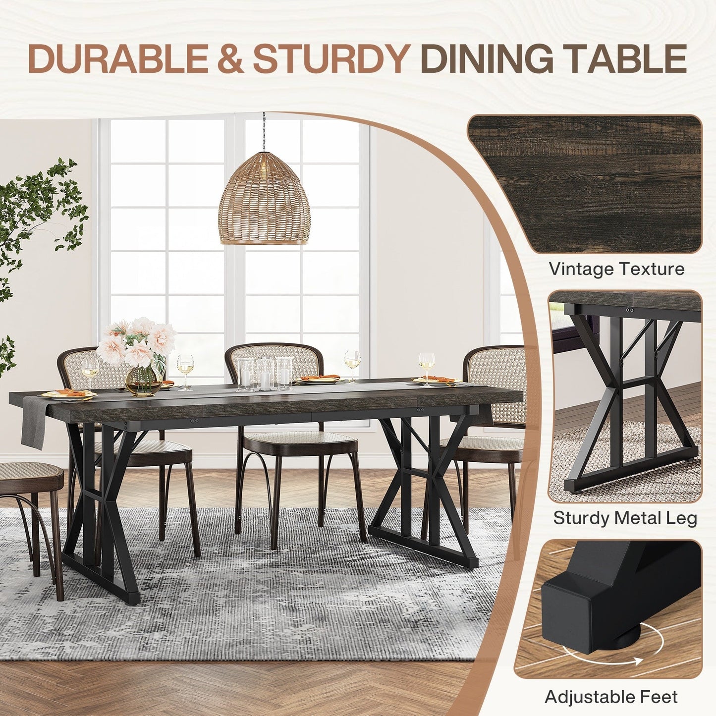 Farmhouse Dining Table for 6 People, 70.8-Inch Rectangular Wood Kitchen Table