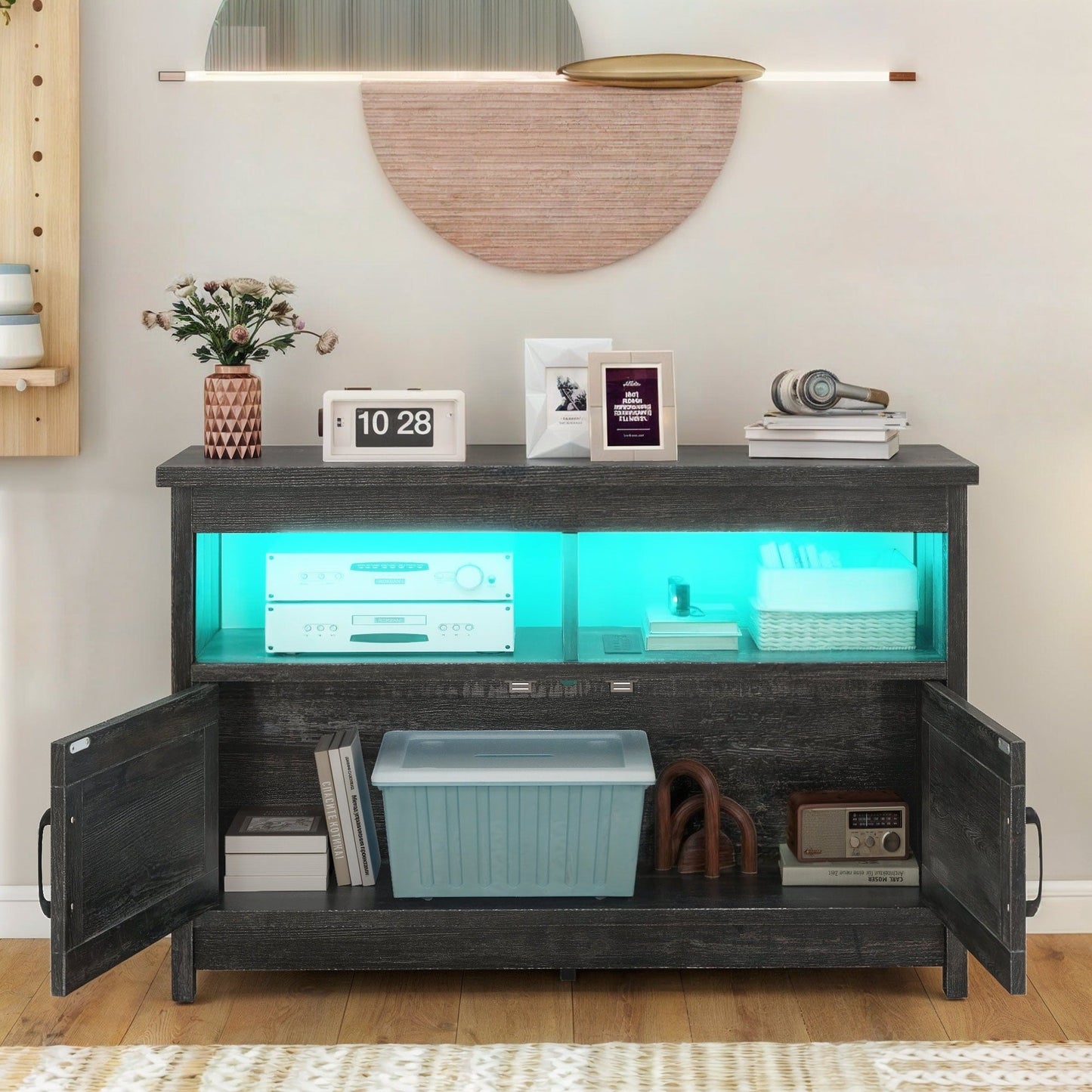 Farmhouse TV Stand for up to 65 TV with Doors and Open Shelves Media Console Power Outlet
