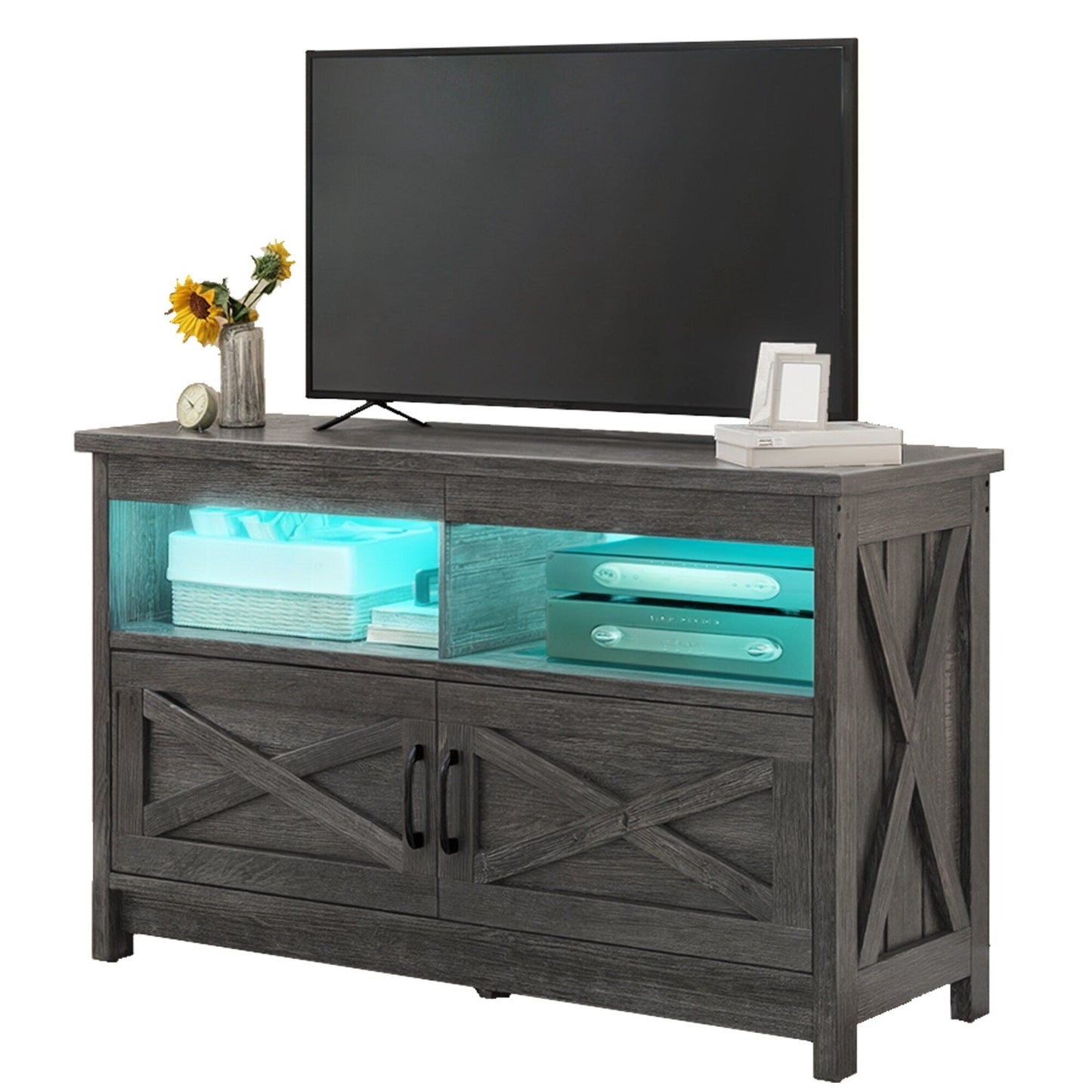 Farmhouse TV Stand for up to 65 TV with Doors and Open Shelves Media Console Power Outlet