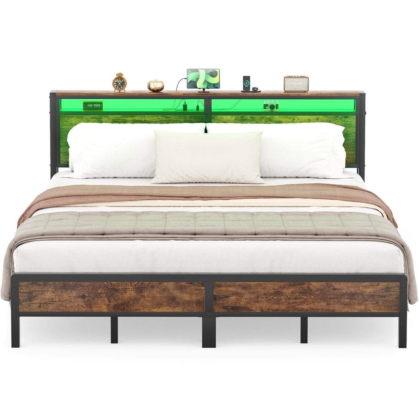 Farmhouse Wood Platform Bed Frame with Charged Station and LED Lights