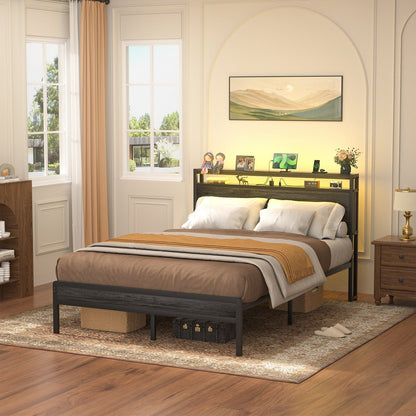 Farmhouse Wood Platform Bed Frame with Charged Station and LED Lights