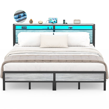 Farmhouse Wood Platform Bed Frame with Charged Station and LED Lights