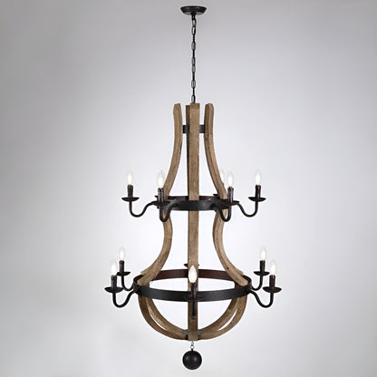 12 Light French Country Style Two Tier Wine Barrel Chandelier