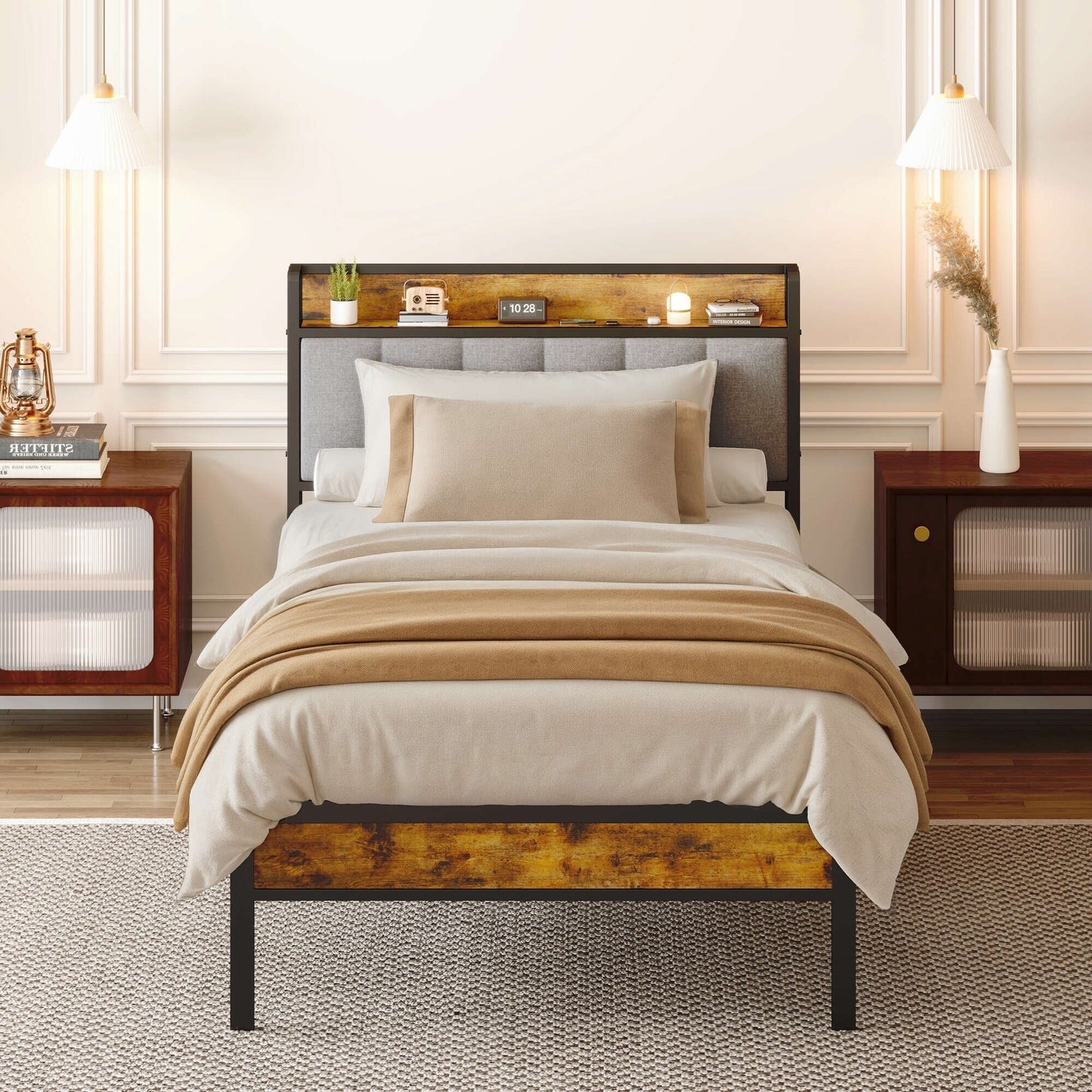 Twin / Full / Queen / King Size Metal Platform Bed Frame with Upholstered Storage Headboard