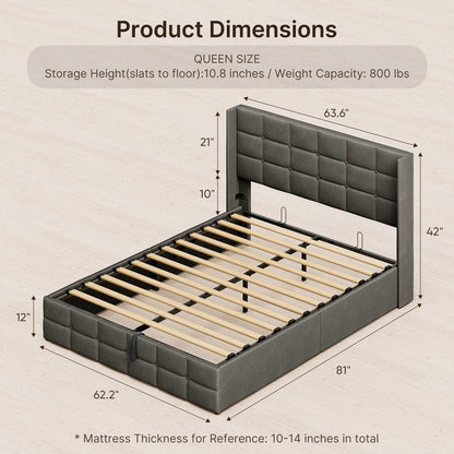 Lift Up Storage Bed Frame, Upholstered Platform Bed Frame with Hydraulic Storage System and Headboard