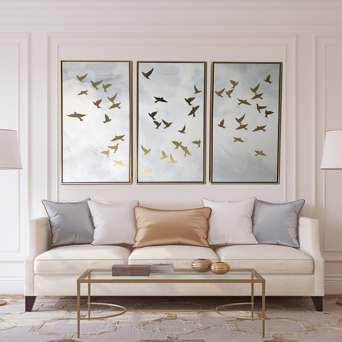 Golden Birds 3 Piece Set Print on Gold Floating Framed Canvas Wall Art