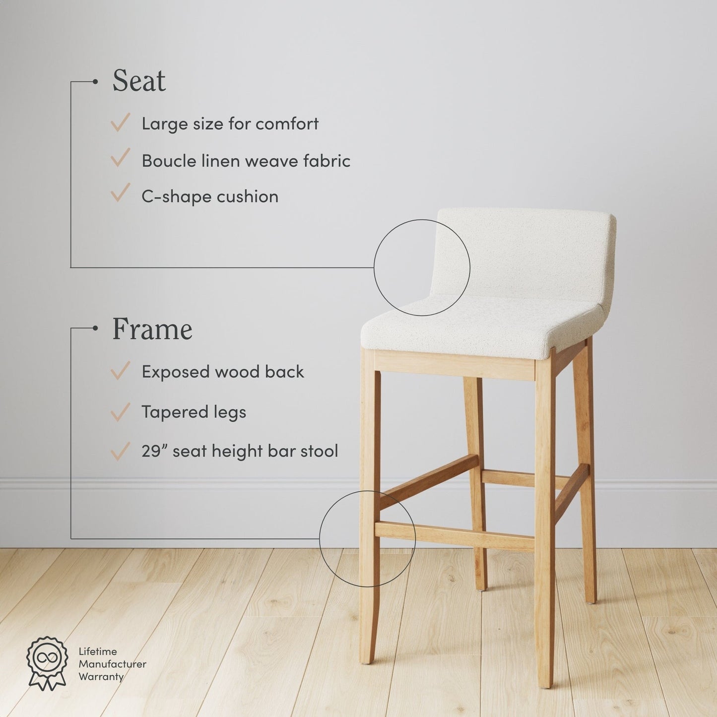 Gracie Modern Bar Stool, Boucle Upholstered Chair and Brushed Wooden Legs