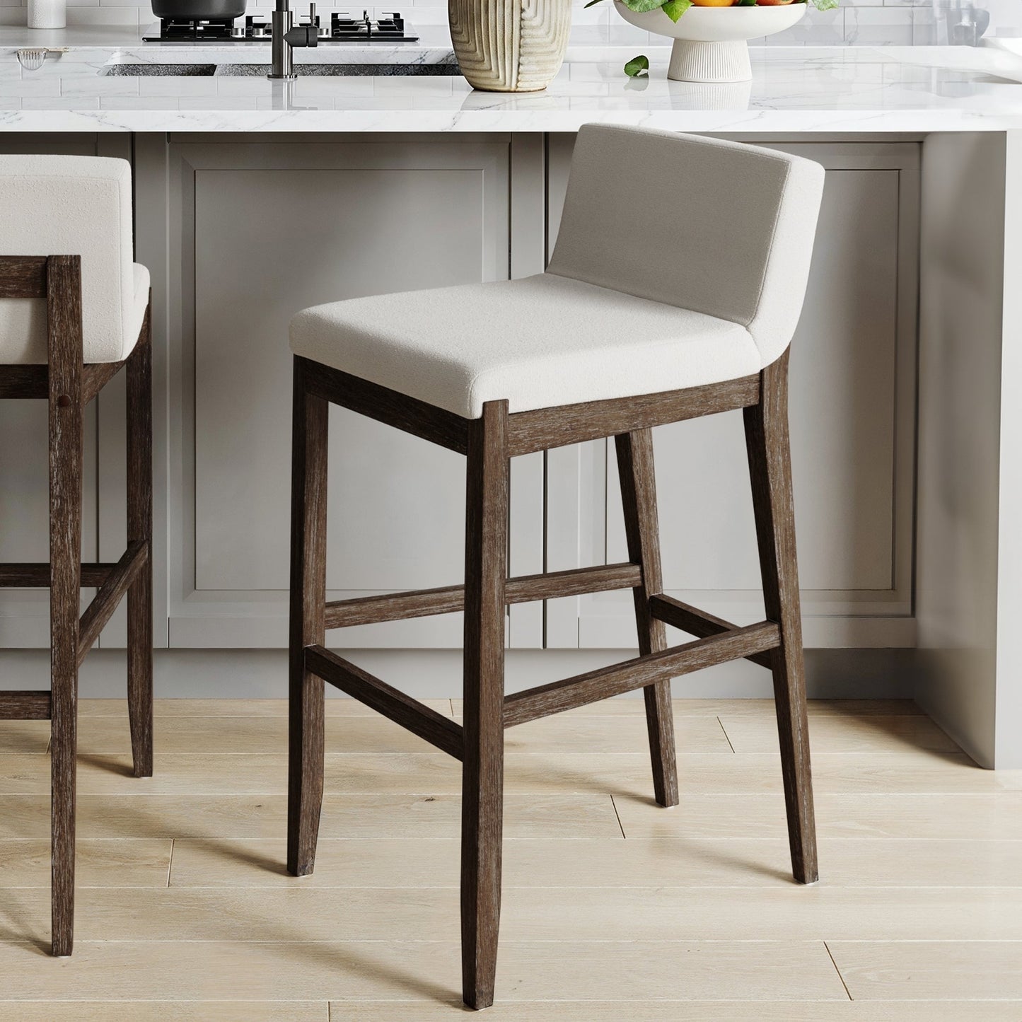 Gracie Modern Bar Stool, Boucle Upholstered Chair and Brushed Wooden Legs