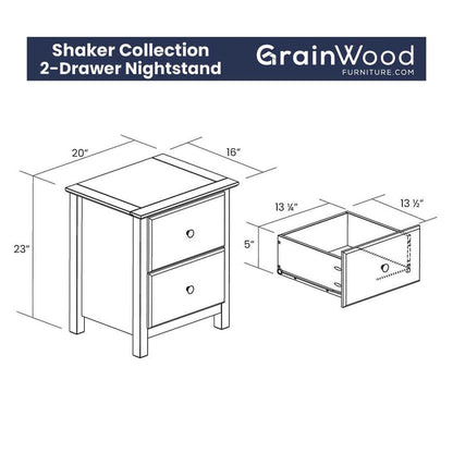 Grain Wood Furniture Shaker 2-drawer Solid Wood Nightstand