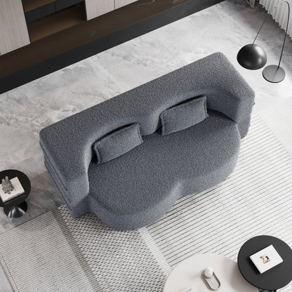 Grey 78 Convertible Teddy Fabric Loveseat Foam-Filled Floor Sofa Bed with 2 Pillows and Folding Mattress for Living Room