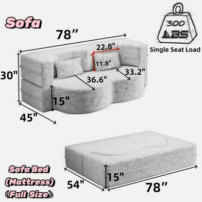 Grey 78 Convertible Teddy Fabric Loveseat Foam-Filled Floor Sofa Bed with 2 Pillows and Folding Mattress for Living Room